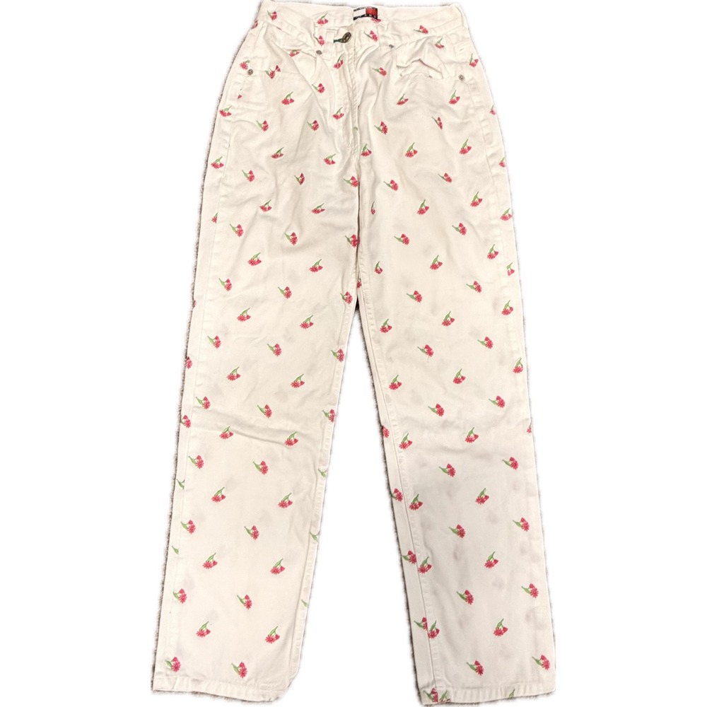 Tommy Jeans Womens White Embroidered Pink Floral High Rise Straight Leg Pants 4